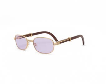 Cartier Glasses, Woodline Gold and Brown Wood Vintage Sunglasses, Purple Lenses Cartier Style Sunglasses, Vintage Frames, Vintage Eyewear