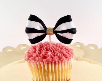 Kate Spade Bridal Shower - Black and White Bow Cupcake Toppers - Black and White Cupcake Toppers - Kate Spade Party Supplies - Set of 12