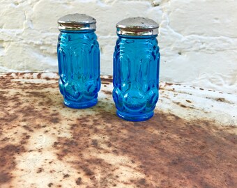 Moon and Stars Salt and Pepper Shakers / features vintage / aqua blue glass / Depression glass / farmhouse kitchen / home decor