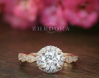 Halo Engagement Ring Art Deco Rose Gold Plated Simulated Diamonds 1.50 CT Brilliant Round Cut .925 Sterling Silver Wedding Ring Bridal Ring