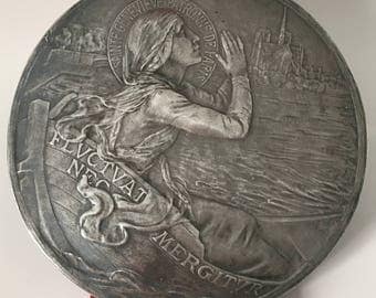Saint Genevieve Patron Saint of Paris, Notre Dame, Solid Silver Vintage Rare Large French Plaque