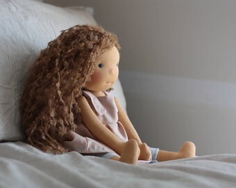 Handmade Waldorf Doll // 16" doll// curly haired doll // fabric doll // natural cloth doll // brown haired doll // girl doll