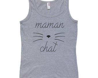 Maman Chat Camisole Pour Femme - T-Shirt En Francais - French Shirt - Cat Mom Tank Top - Womens Tank Top - Womens Clothing - Grey