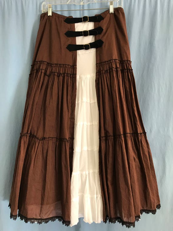 Upcycled Steampunk Skirt-Tiered Brown Skirt-Brass Buckles and