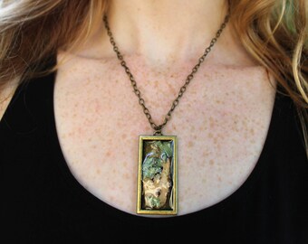 Pressed preserved moss and birch bark necklace- (moss and birch from Duluth Minnetosa, 18" bronze chain)