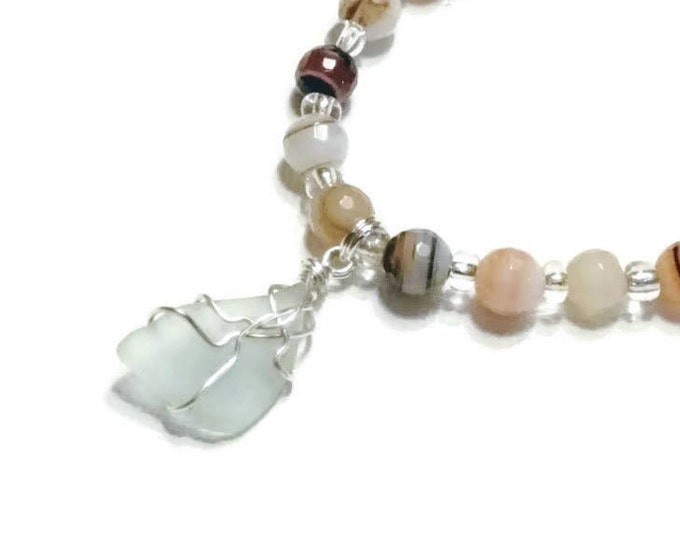 Beaded Bracelet - White beach glass charm - Earth tone beads - stretch bracelet - browns and butterscotch - Pretty and Beachy