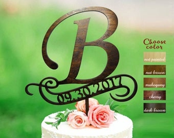 Letter b cake topper, cake toppers for wedding, letter and date wedding topper, initial cake topper, cake topper b, Cake topper date, CT#117