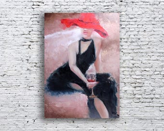 woman in red art hat painting canvas art OOAK oil painting black dress romantic decor gift/idea/for/him boss gift office decor wall й10