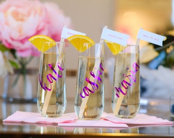 Bridesmaid gift/personalized champagne flute for bachelorette party/glass champagne flute/stemless wine glass/custom proposal rose gold