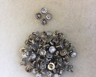 Rhinestone Rivets - Bag of 25. 8 mm long - 3 mm wide, clear rhinestones, craft supplies, jewels