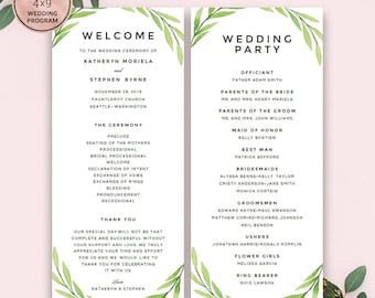 Greenery Wedding Program Template Download, Printable Editable Watercolor Wedding Program, A4 & US Letter Wedding Program, Instant Download.
