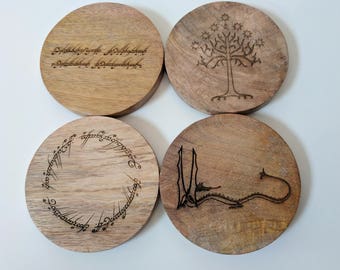 Tolkien coaster set - Lord of the Rings and The Hobbit - Laser engraved set of four mango wood coasters