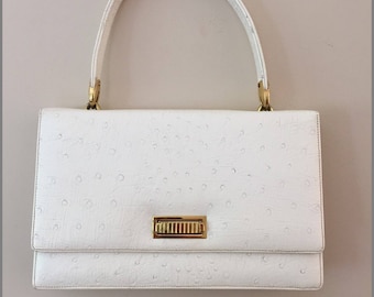 1960s Vintage White Stamped Ostrich Handbag/Tan Leather Interior/Multiple Compartments