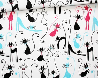Black Cat, 100% cotton fabric printed 50 x 160 cm, black cats with a red heart on a white background