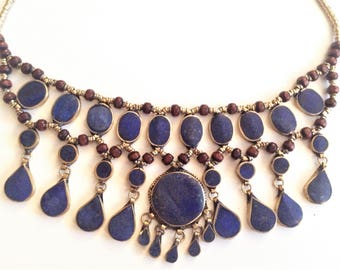 Lapiz lazuli kuchi tribal necklace#Lapis Bib Necklace#Cassidy Bib Necklace#Afghan Kuchi Necklace#Ethnic Jewelry#Boho Gypsy Necklace