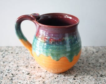 Colorful Mug - glazed in Merlot, Green and Orange - Coffee Cup - 14 oz - Ready to Mail