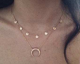 Gold Crescent Moon Necklace // Boho Delicate Layering Necklace // Bohemian Double Tusk Horn Charm Necklace // CO808
