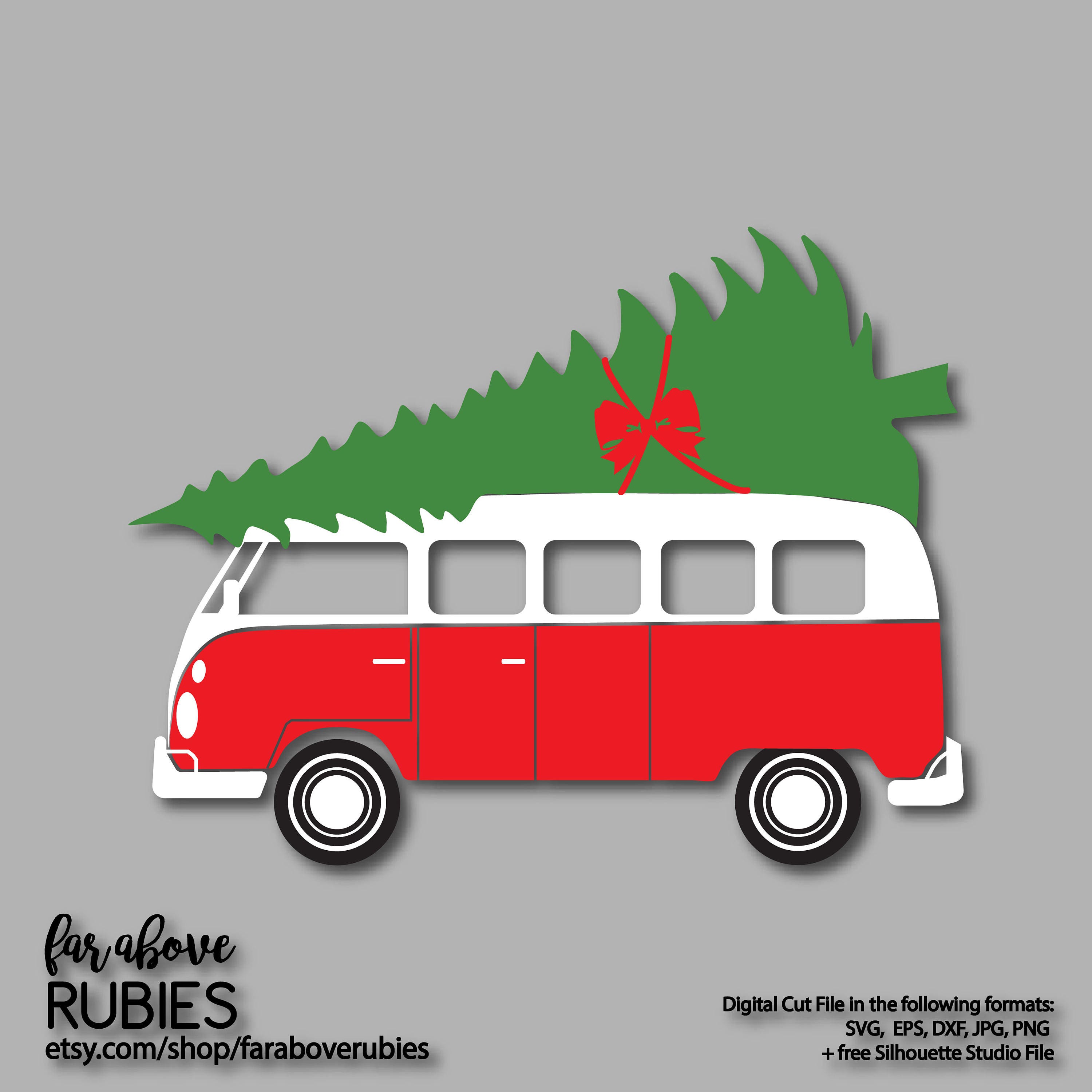 Download Christmas Holidays Camper Van with Tree and Bow SVG EPS dxf