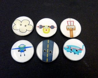 6 Airplane Themed Buttons. Children's Handmade Buttons. Sew on. 3/4" or 20 mm.