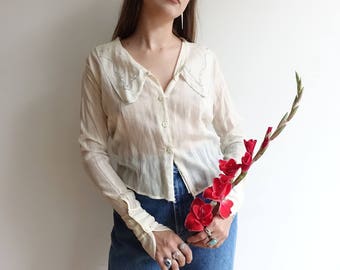 1910s Cotton Blouse with Blue Embroidery and Accents/Edwardian Blouse/ Sheer Ivory White Blouse