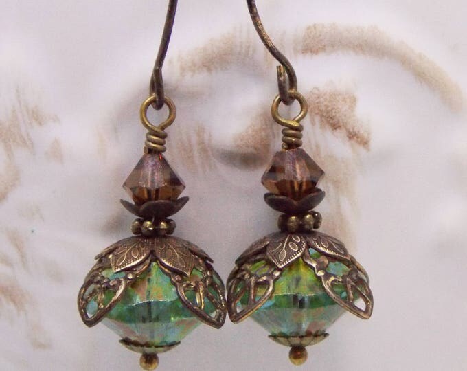 Romantic Dangle Earrings Victorian Drop Earrings Czech Glass Swarovski Crystals Vintage Style Earrings Rustic Oxidized Brass Jewelry
