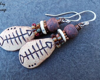 Tribal, Primitive, Fish Skeleton, Rustic, Ceramic, Brown, Seed Bead Earrings, Bohemian Style Neutral Color Earrings, Sterling Silver Wires