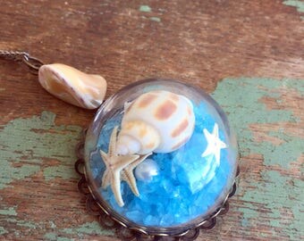 Vintage Glass Dome Convex Pendant With real starfish,Pearls Beach Glass Shell