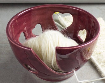 Burgundy Heart Ceramic Wheel Thrown Yarn Bowl, Red wine rustic Knitting Crochet handmade Love bowls ceramics BlueRoomPottery