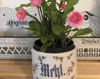Antique German Ironstone Flour Crock or Canister Floral Blue and White