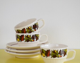 Vintage Tea Cups, Set of three vintage floral tea cups and saucers, foliage pattern ceramic tea cups, 3 leaf pattern cups and saucers