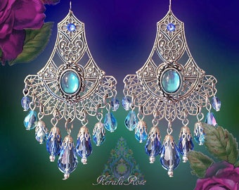 Aqua & Light Blue Crystal Fan Chandelier Earrings, Bronze or Silver Filigree Peacock Dangle Earrings, 3" Long, Renaissance, Clip-On Option