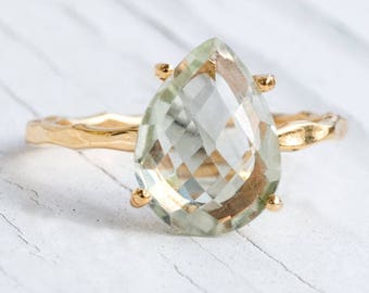 Green Amethyst Ring Gold, Solitaire Ring, Birthstone Ring, Gemstone Ring, Stacking Ring, Gold Ring, Tear Drop Ring, Prong Set Ring
