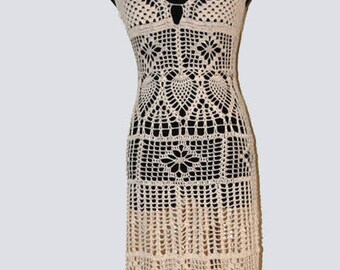 Crochet Dress Ecru Cotton Back Lace Up in size medium