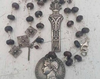 FRENCH MEDAL sterling garnet lariat antique vintage assemblage necklace