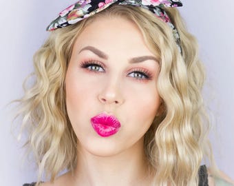 Black with Pink Vintage Floral Print - Pin up Wire Headband