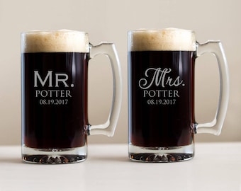 Pair of Personalized Mr. & Mrs. Beer Mugs: Engraved Bride Groom Beer Mugs, Custom Mr. Mrs. Beer Mugs, Custom Bride Groom Gift, SHIPS FAST