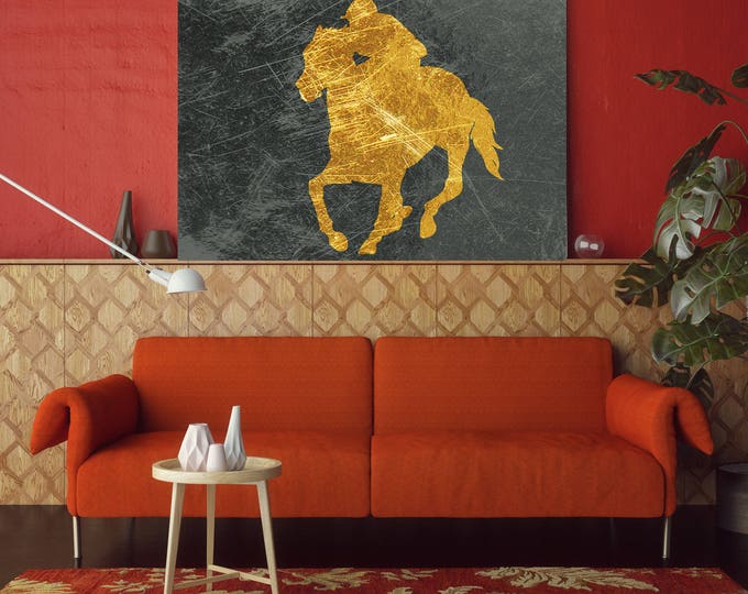 Jockey 2. Extra Large Gold Green Horse Canvas Art Print, Green Gold Rustic Horse, Large Horse Canvas Art Print up to 72" by Irena Orlov