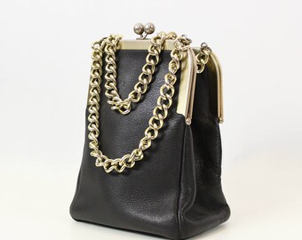 vintage 60s BONNIE CASHIN Coach bag / 1960s black leather coach purse / double kisslock bag / designer hand bag