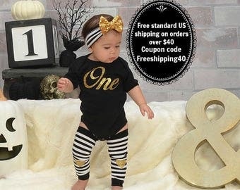 1st Birthday Girl Outfit, First Birthday Girl Clothing, Smash Cake Girl Outfit, Black Gold Headband Leg Warmers, Birthday Girl Clothing