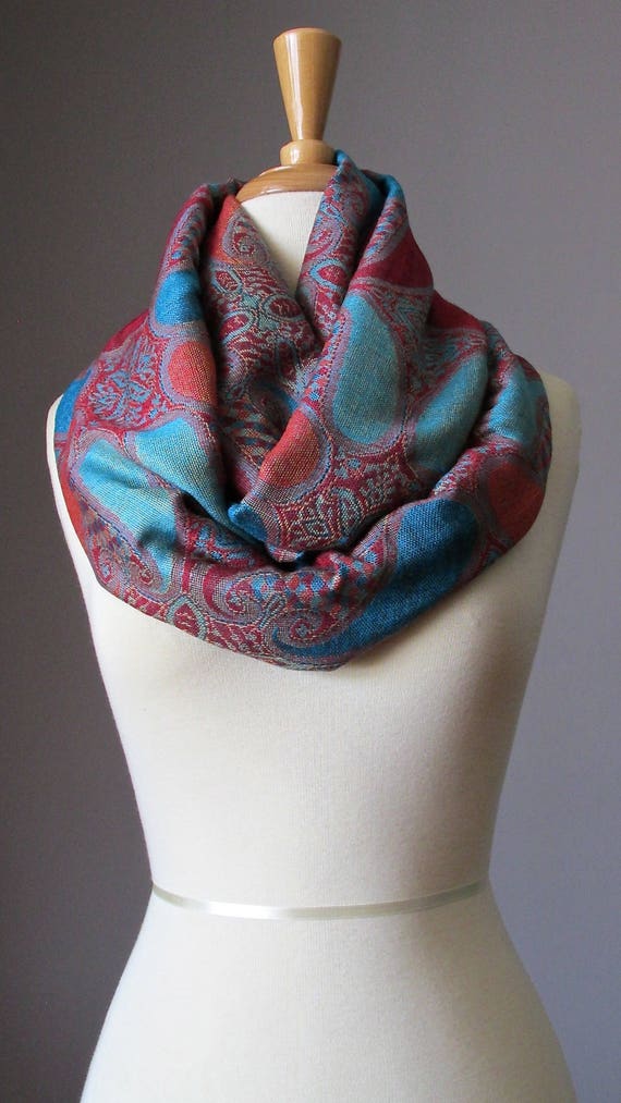 Large paisley Infinity Scarf Pashmina / silky Orange Blue