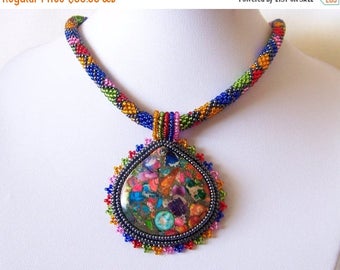 15% SALE Beadwork Bead Embroidery Pendant Necklace with Rainbow Sea Jasper and Pyrite - SUMMER JOY - Summer collection - Colorful necklace