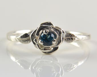 London Blue Topaz Ring in Sterling Silver, Faceted London Blue Topaz Gemstone with flower and leaves, Romantic Dainty Ring, Engagement Ring