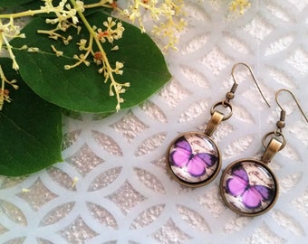 Purple butterfly charm earrings - butterfly jewelry - glass covered butterfly earrings - artistic earrings - romantic butterfly jewelry