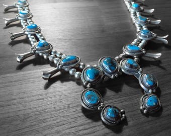 Vintage Blue Turquoise Native American Squash Blossom Necklace, Large Squash Blossom Naja Necklace in 925 Sterling Silver, High Quality