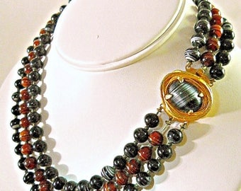 Black Brown Art Glass Necklace, PHILIP HULITAR, 3-Strand Rare Vintage
