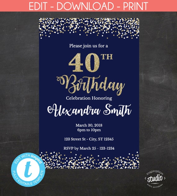 EDITABLE - 40th Birthday Invitation - 40th Birthday Invite, Blue and ...