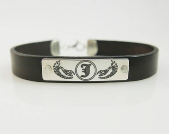 Mens leather bracelet. Personalized bracelet. monogram silver bracelet. Personalized jewelry. initial bracelet. Unisex bracelet.