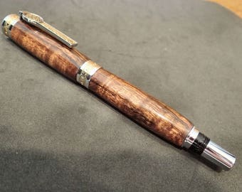 Curly Koa Hand Turned Junior Celticus Master Pen Titanium Gold & Chrome Postable Rollerball Pen Made From Hawaiian High Grade Curly Koa