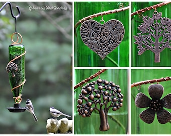 Green Glass Bottle Birdseed Bird Feeder ~ "The Bistro" - Unique Bird Feeder - Glass Bird Feeder