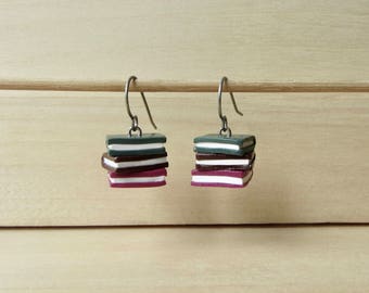 Stack of Books Dangle Earrings, Kawaii Miniature Book Titanium Earrings, Bibliophile Librarian Book Lover Gift, Tiny Book Stack Jewelry